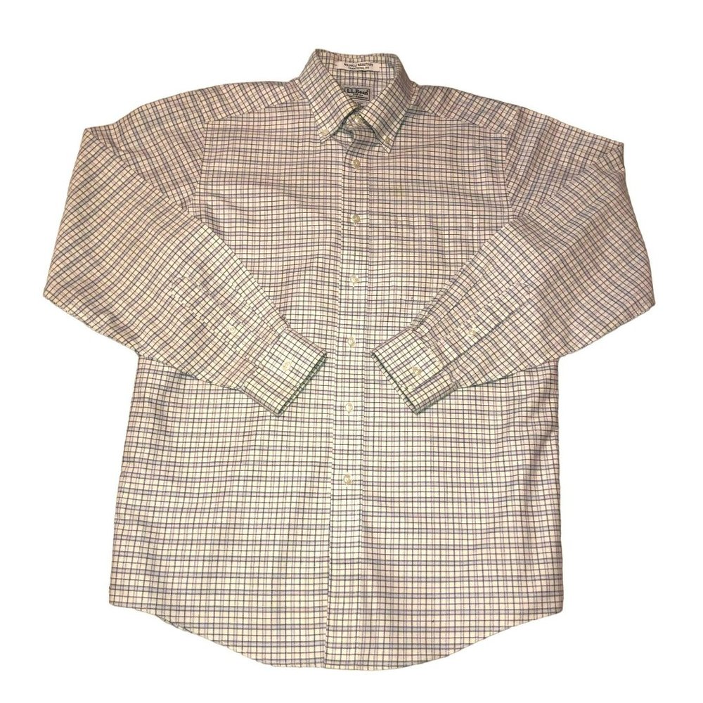 LL BEAN BUTTON SHIRT SZ 15 34 BLUE WHITE PLAID TRADITIONAL FIT COTTON MENS